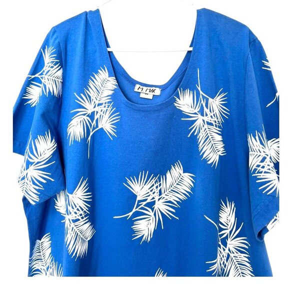 M. MAC Blue Palm Leaf Midi Dress Womens 2X Short Sleeve Cotton USA NWOT - Picture 2 of 6
